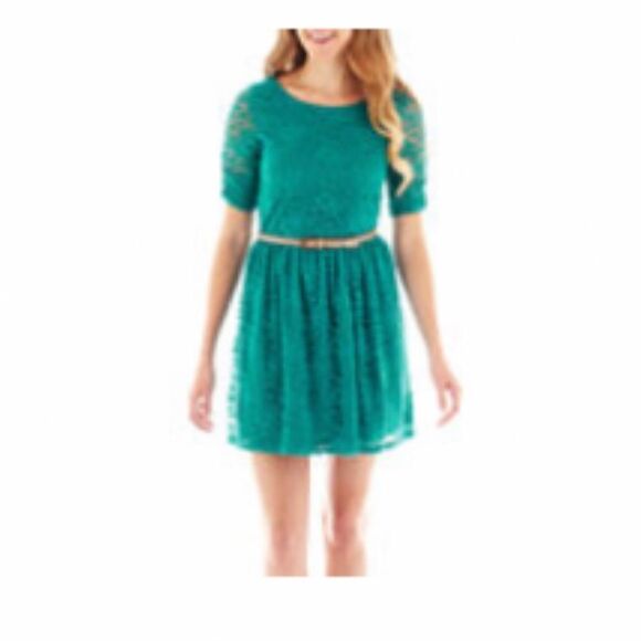 By & By Navy Fit & Flare Midi Dress with Gold Belt; SZ Large; BNWT - Picture 10 of 10